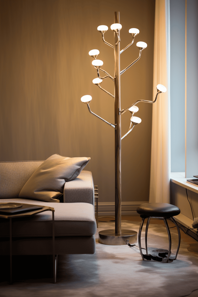 a hyperrealistic living room with a beautiful five-light tree floor lamp.