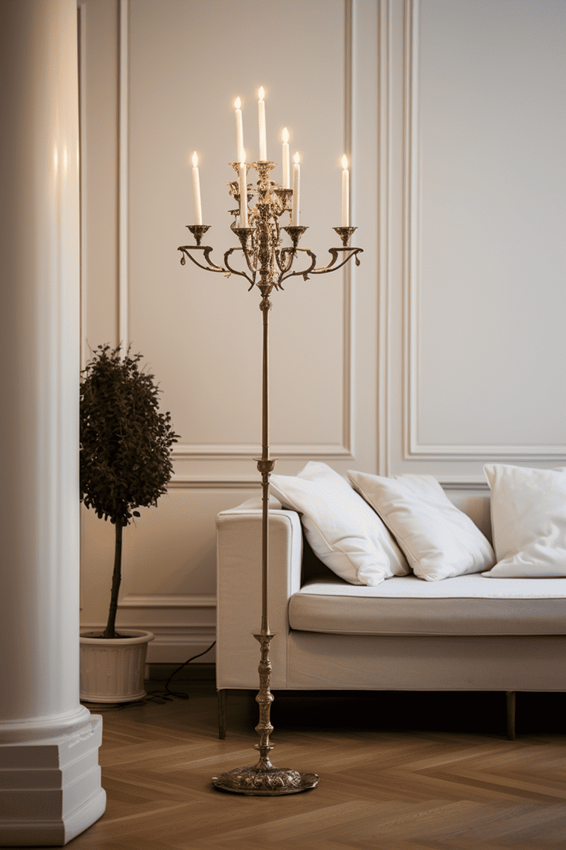  a hyperrealistic living room with a candelabra floor lamp, resembling tall, graceful candlesticks. 
