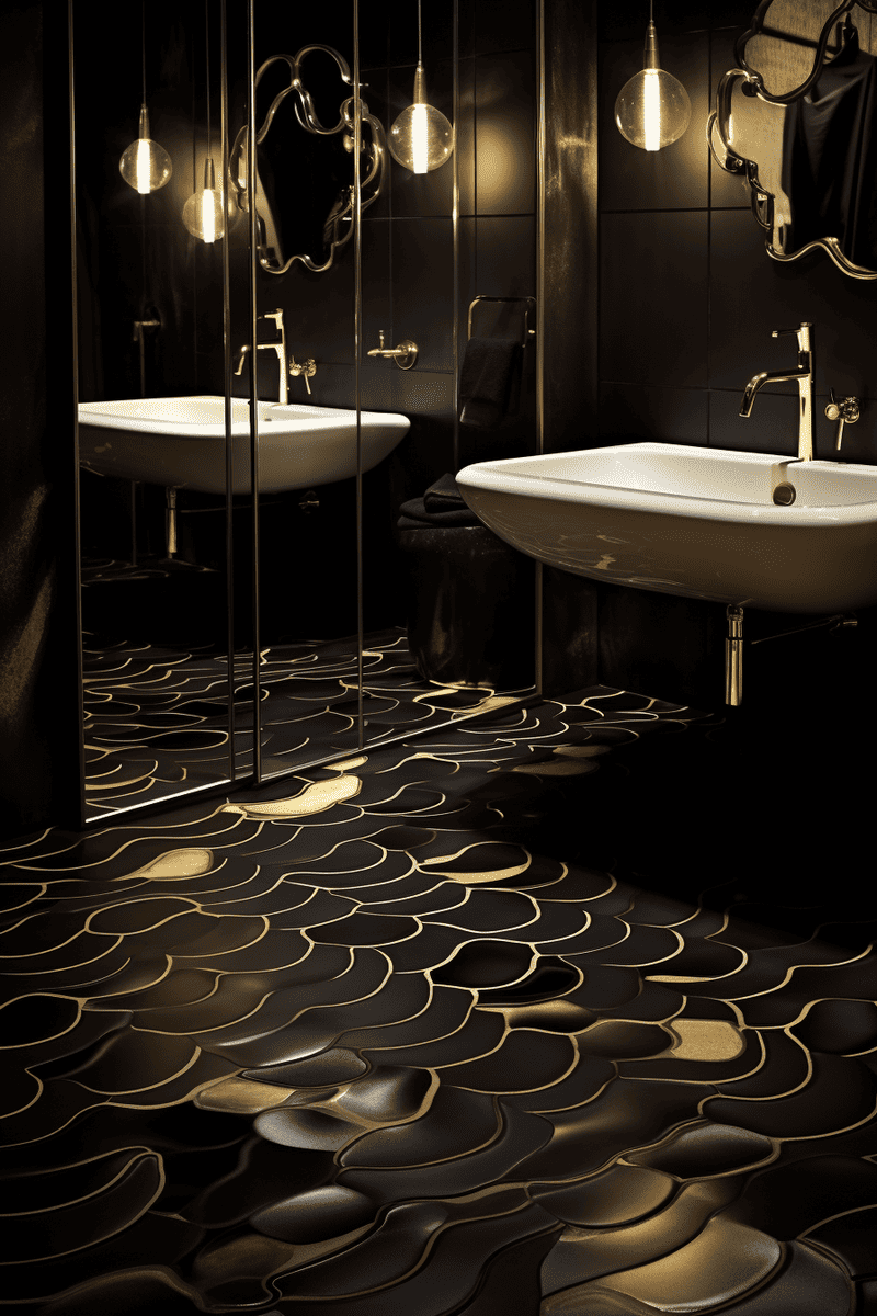  a hyperrealistic photograph of a bathroom floor with scale-inspired black tiles. The tiles should resemble a snake's skin and have a distinctive multi-shaded reflection.