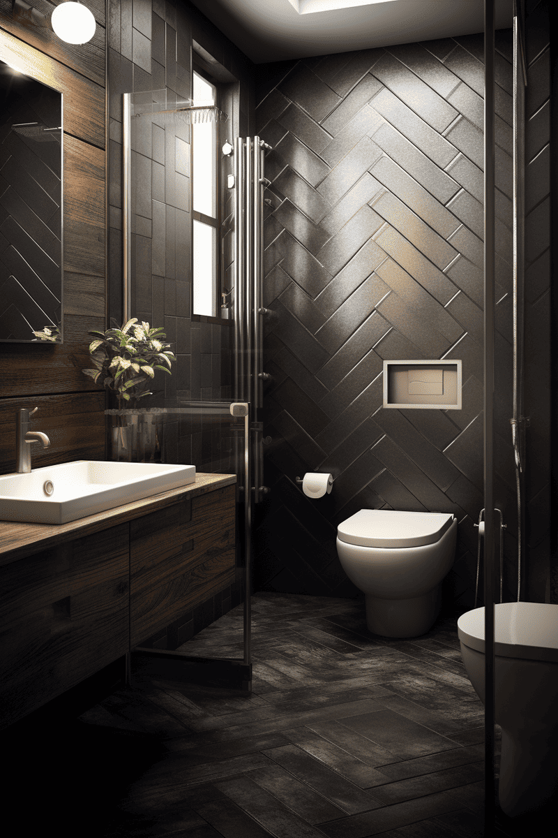  a hyperrealistic photograph of a bathroom with black aged tiles that follow a chevron or fish bone-shaped pattern. 