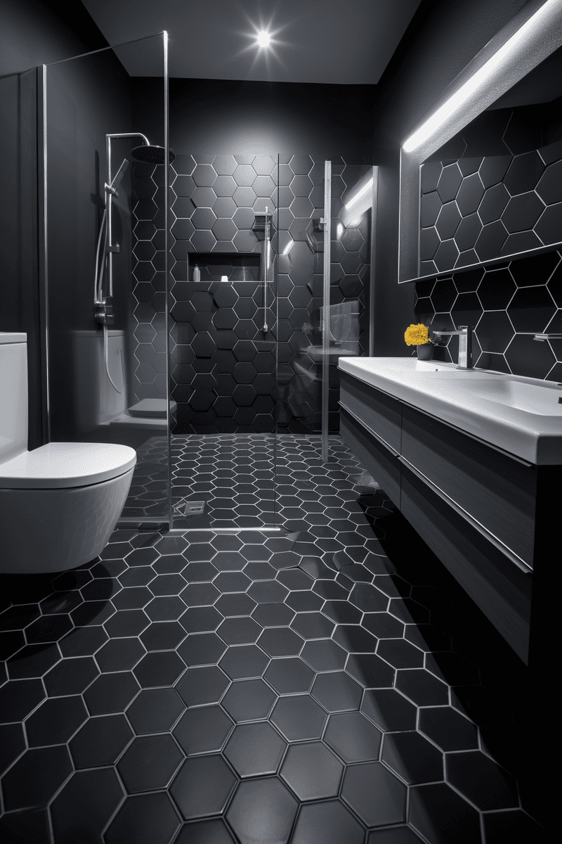 a hyperrealistic photograph of a modern bathroom floor covered in honeycomb-shaped black tiles. 