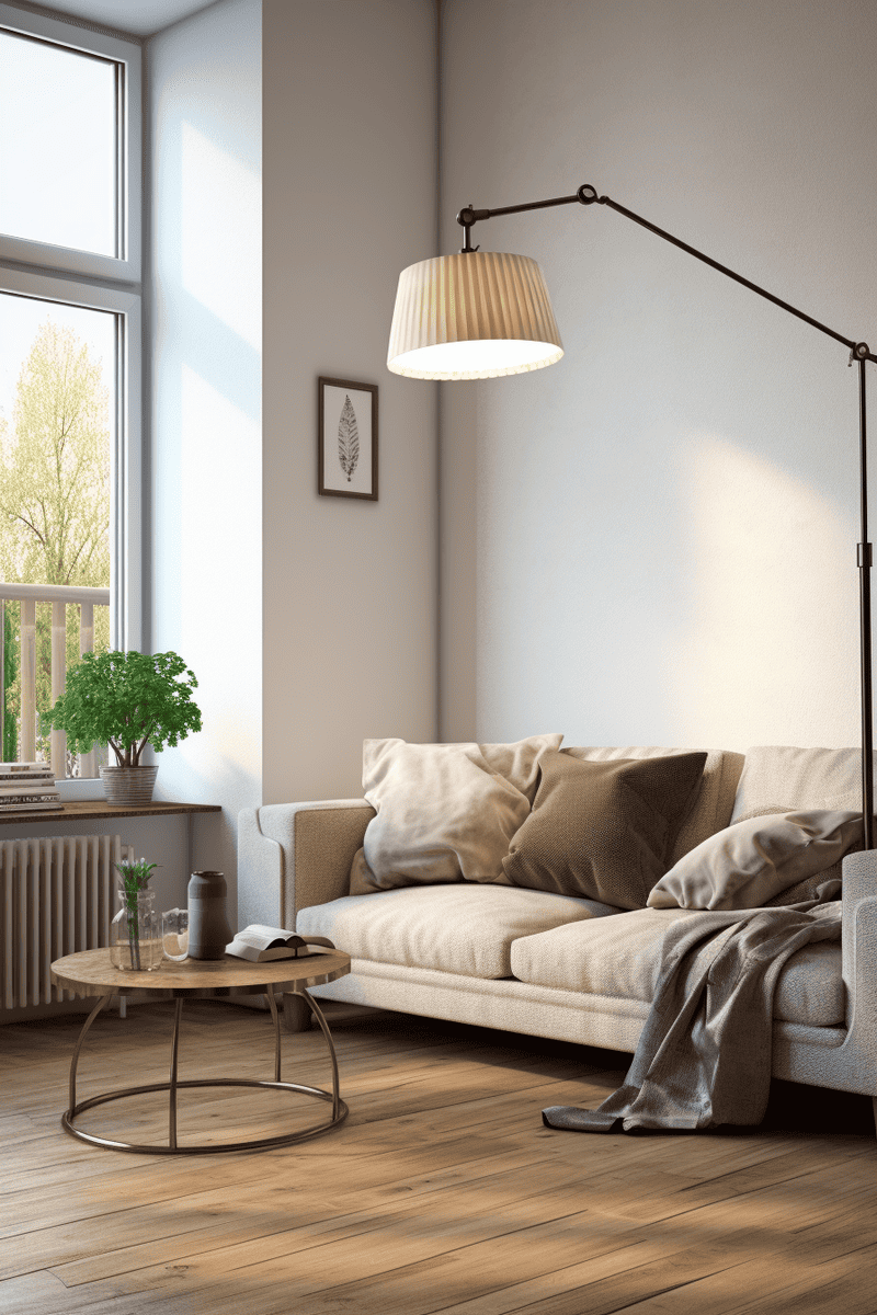a photorealistic living room featuring a rustic or contemporary downbridge floor lamp. 