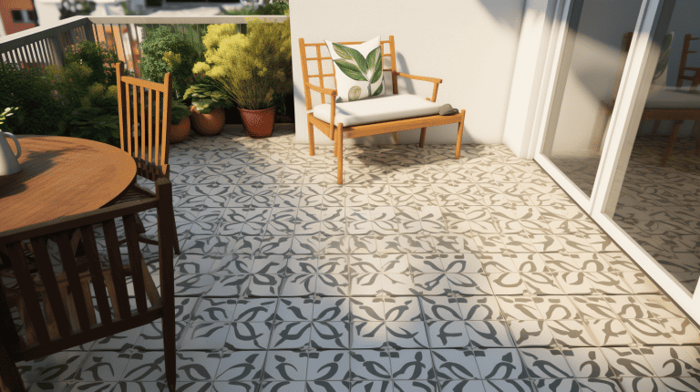 back patio showcasing a patterned floor, either tiled or painted with a stencil, 15 Back Porch Ideas You Should See! - 1600x900