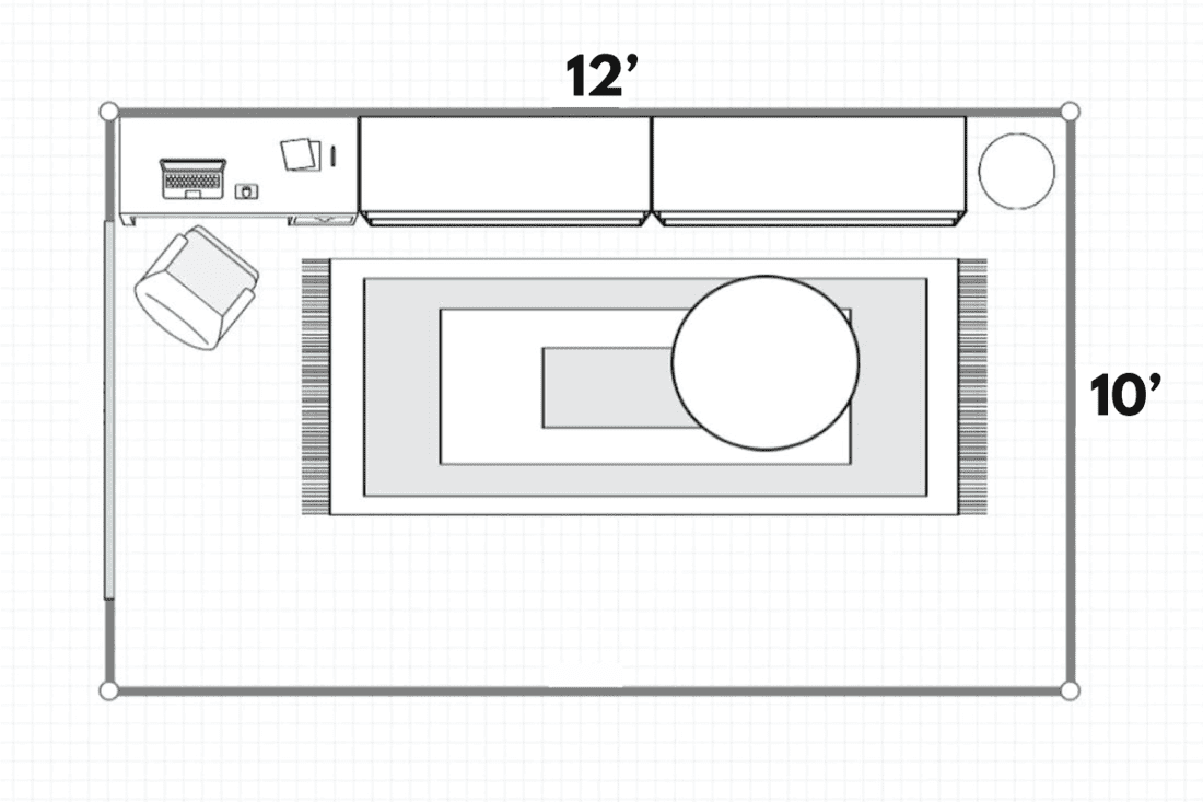 2D layout of a home office room with desk and sideboard against blue wall