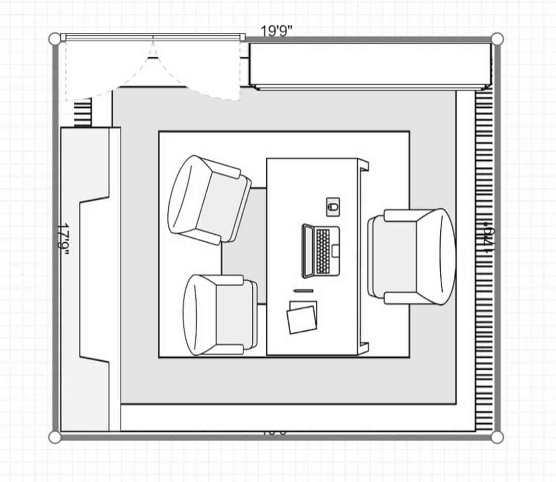 2D layout of a home office with fireplace