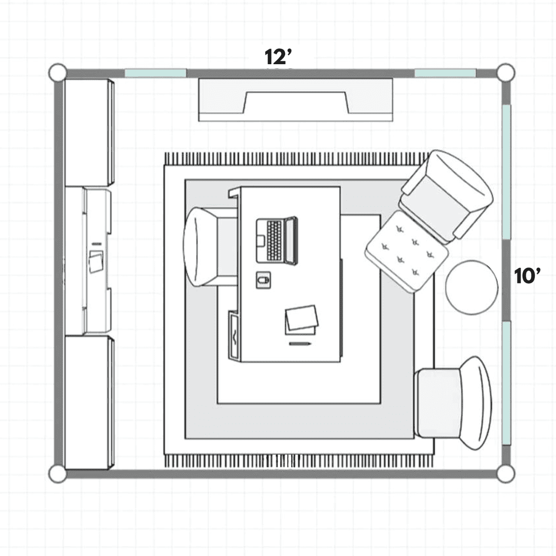 2D layout of a luxury home office interior with fireplace, wooden furniture and leather chairs
