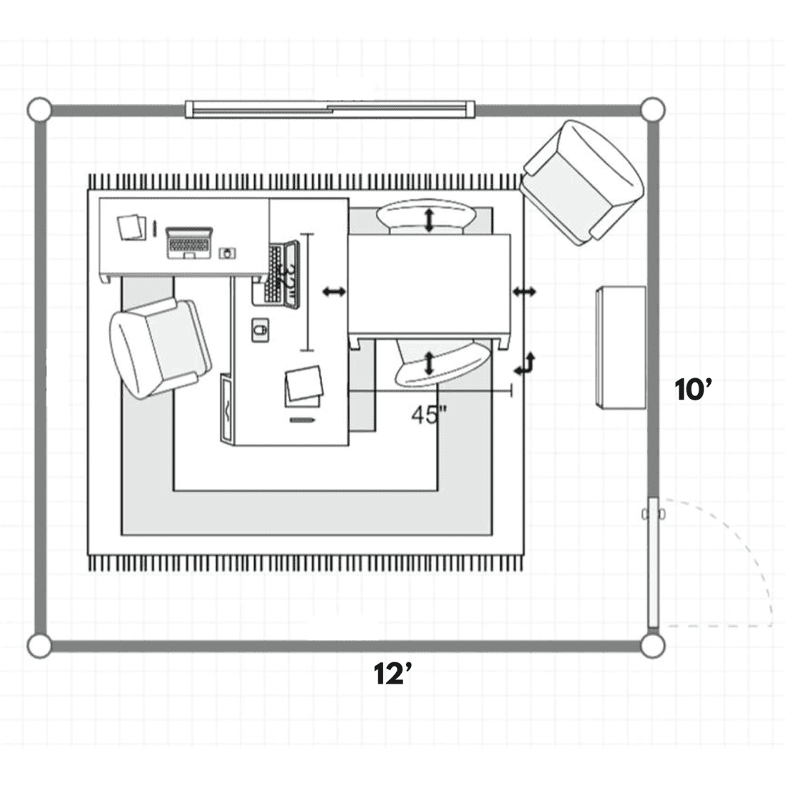 2D layout of a luxury home office with a hardwood desk