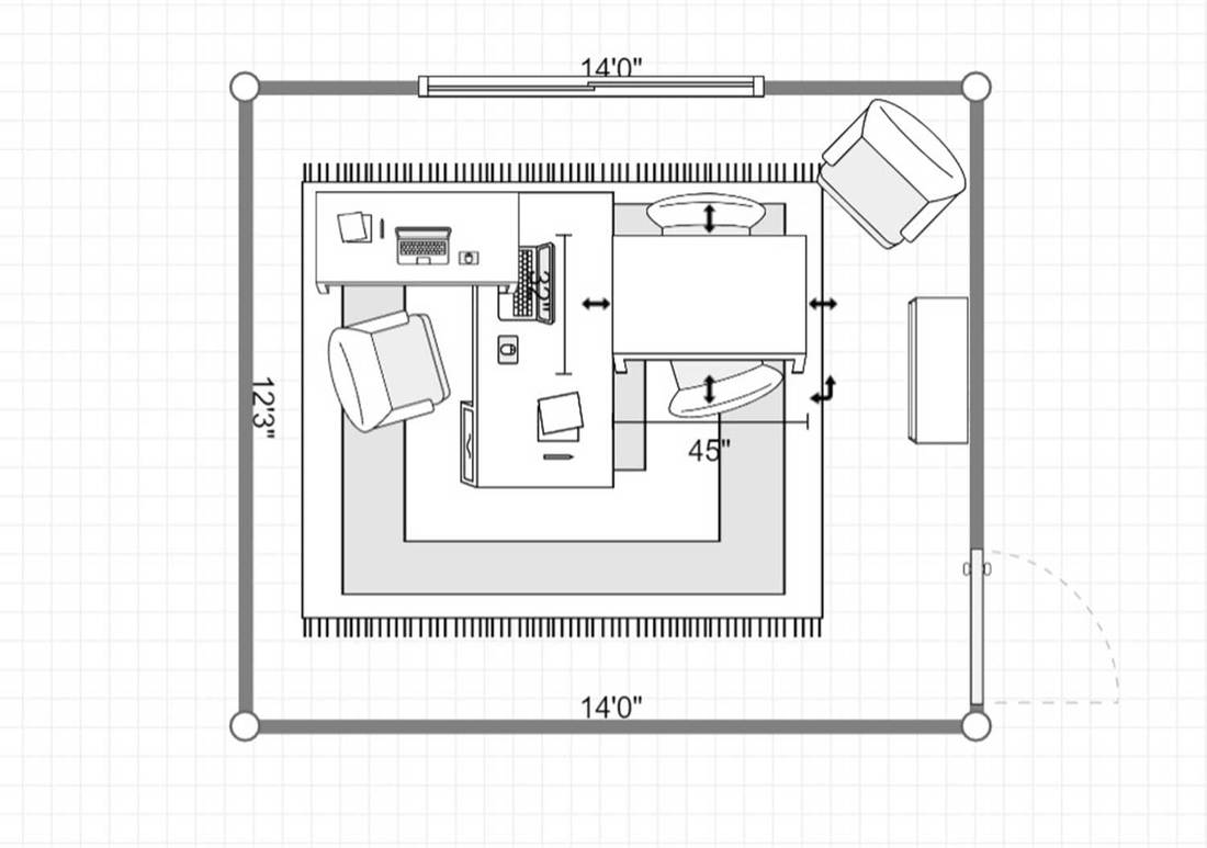 2D layout of a luxury home office with a hardwood desk
