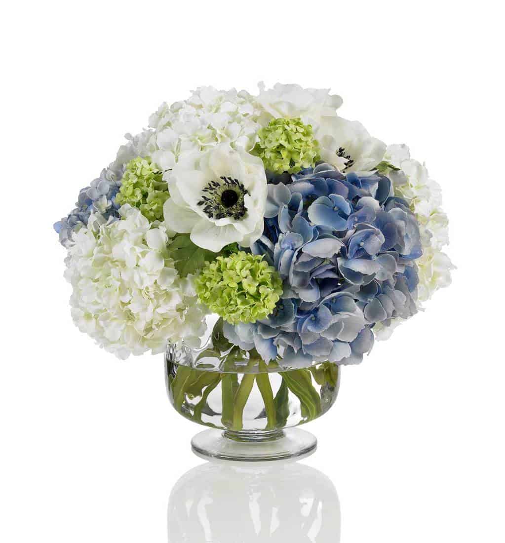 Blue and white hydrangea bouquet with poppies on white background