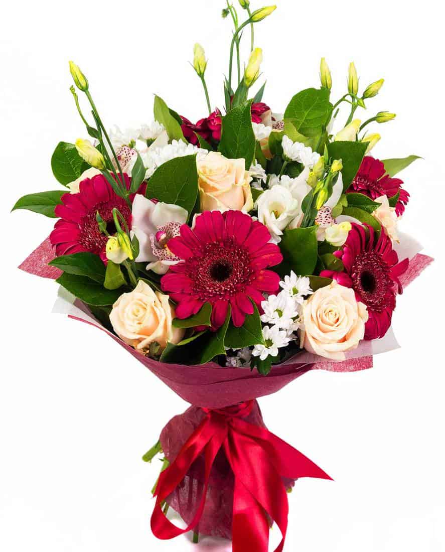 Bouquet of roses, gerberas and orchids