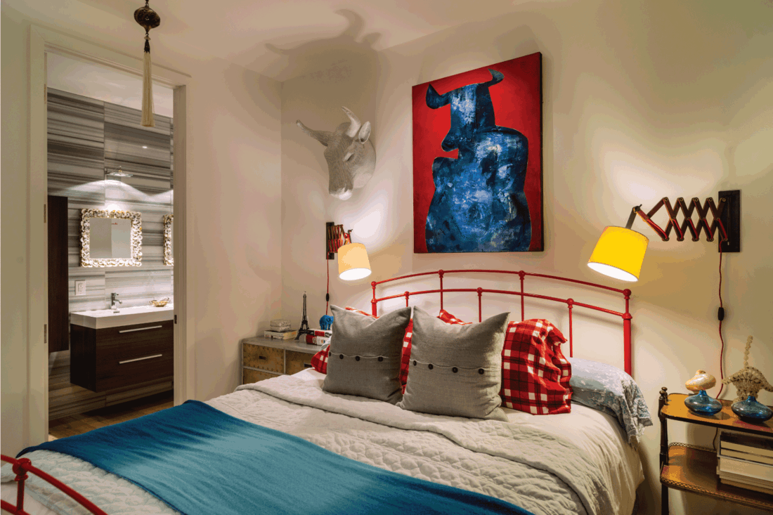 Interior design features colour coordinated furniture and fabrics, art work on the wall and around the world souvenirs. Modern and elegant master bedroom