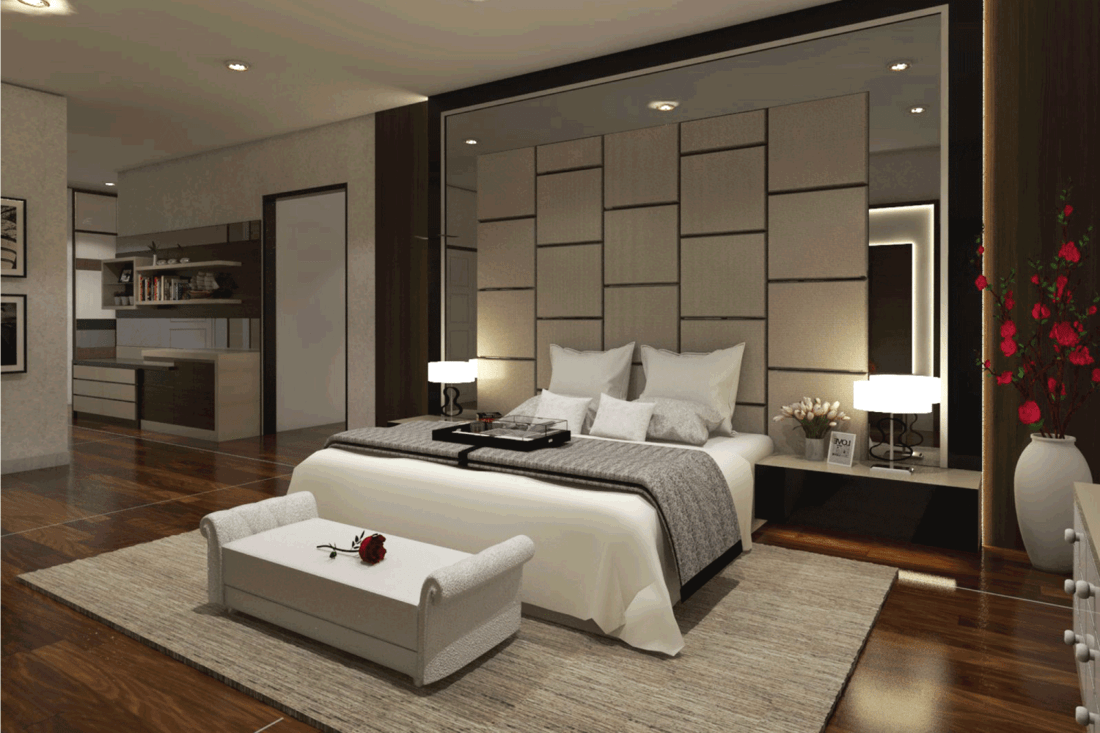 Luxurious Master Bedroom Design With Headboard Paneling Decoration. Using parquet flooring and King size bed with comfortable bed cover.