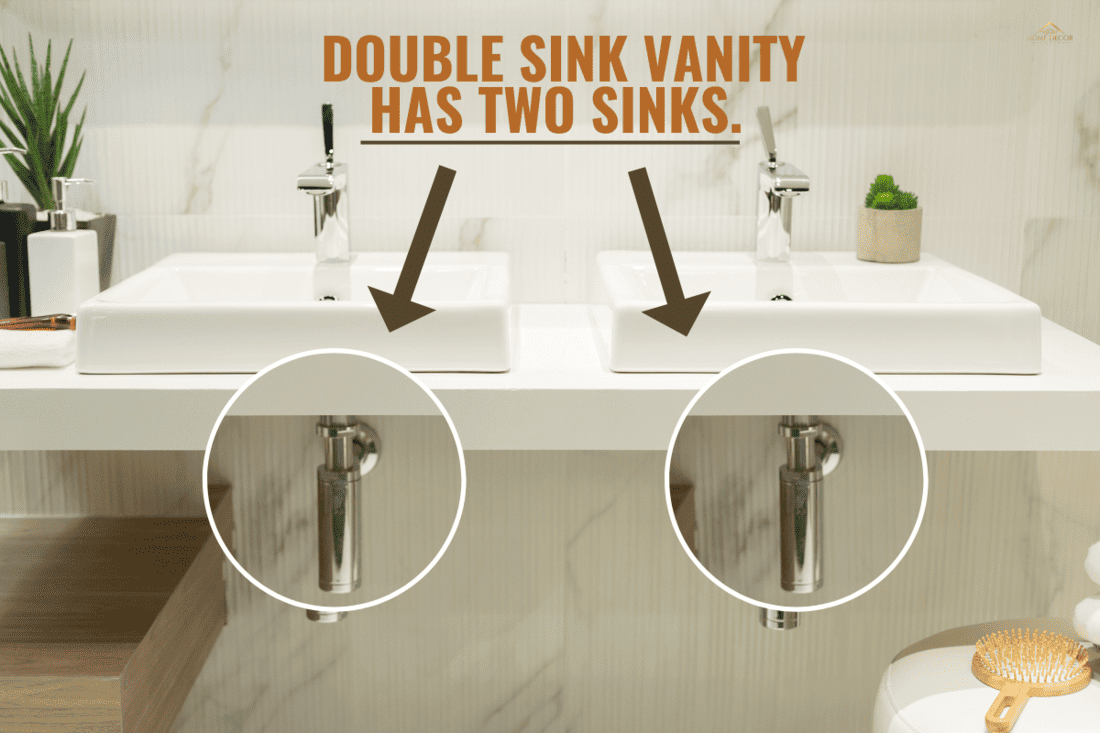 Modern Double Sink in Bathroom. - Does A Double Sink Vanity Share The Same Drain? Fastening By Hand Copper Color Faucet To Marble Tile Wall In Bathroom.
