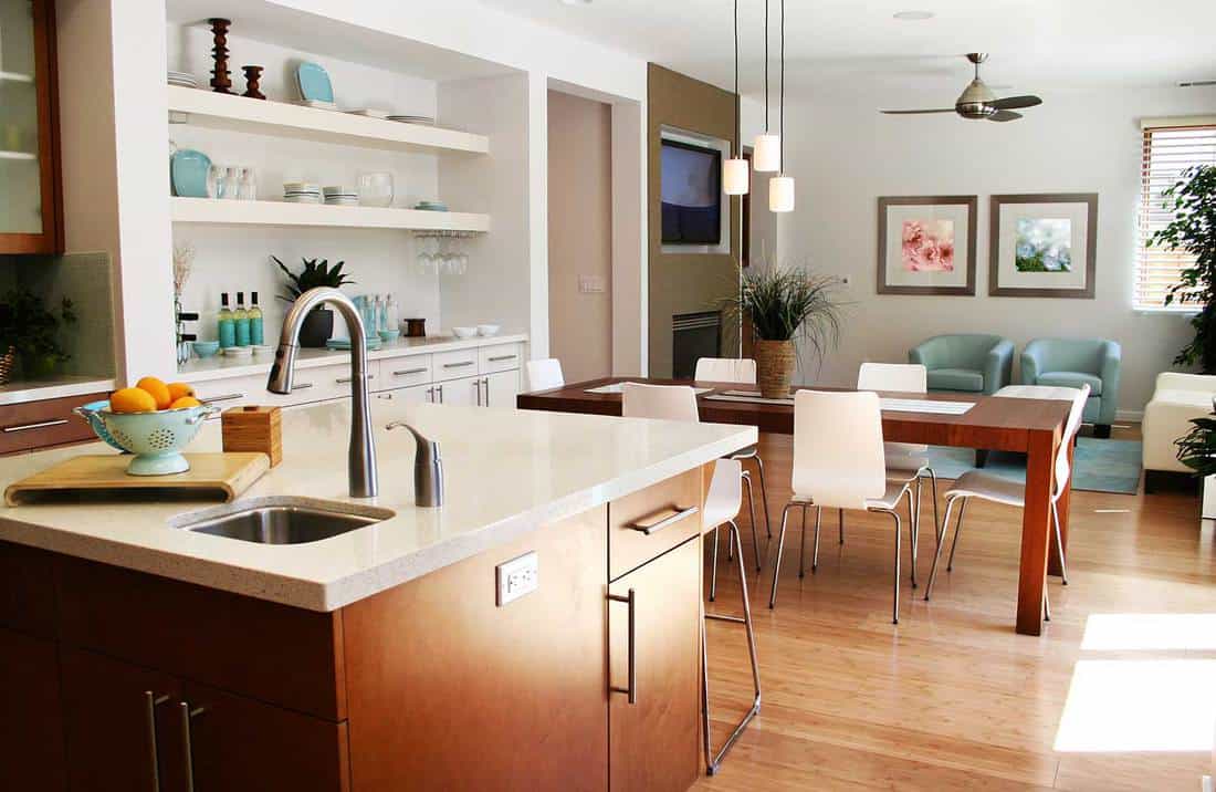 Modern kitchen with sitting and dining area