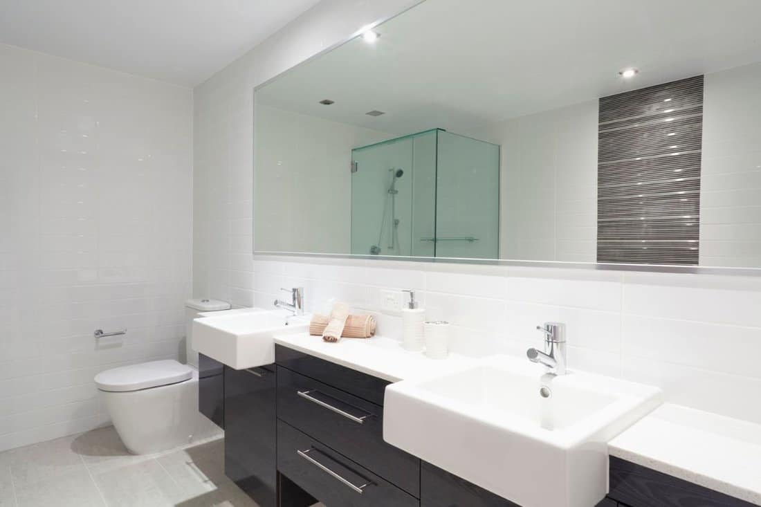 Modern twin bathroom with double sinks, toilet and shower.