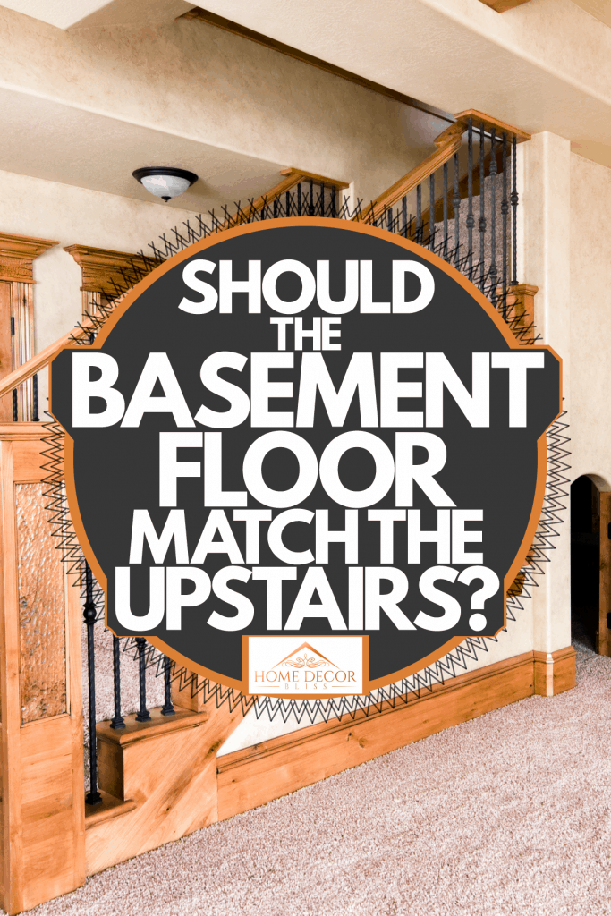 A rustic inspired basement with matching stairs and flooring, Should The Basement Floor Match The Upstairs?