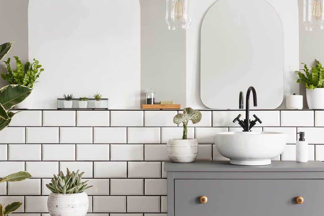 Sink on a cupboard in a bathroom interior with tiles, mirror and plants