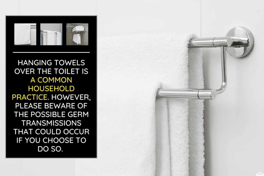 Two white bath towels hanging on white tile wall, Should You Hang Towels Over The Toilet [And How High Above]