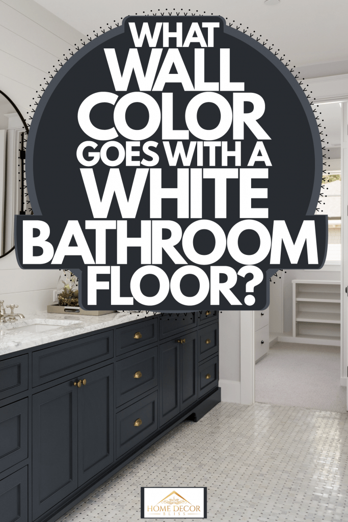 Ultra modern bathroom painted in white tiles, round mirrors, white gray cabinetry in the vanity section, and small lamps on the walls, What Wall Color Goes With A White Bathroom Floor?