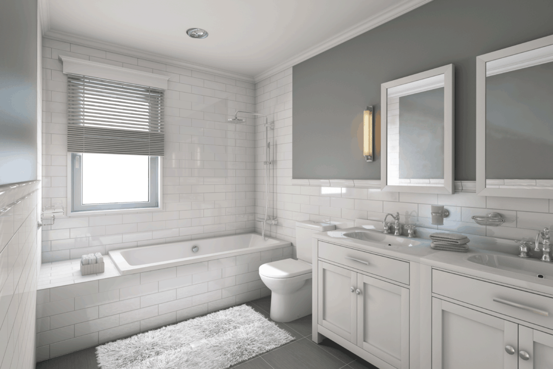 White Bathroom in Country House with white cabinets and gray walls