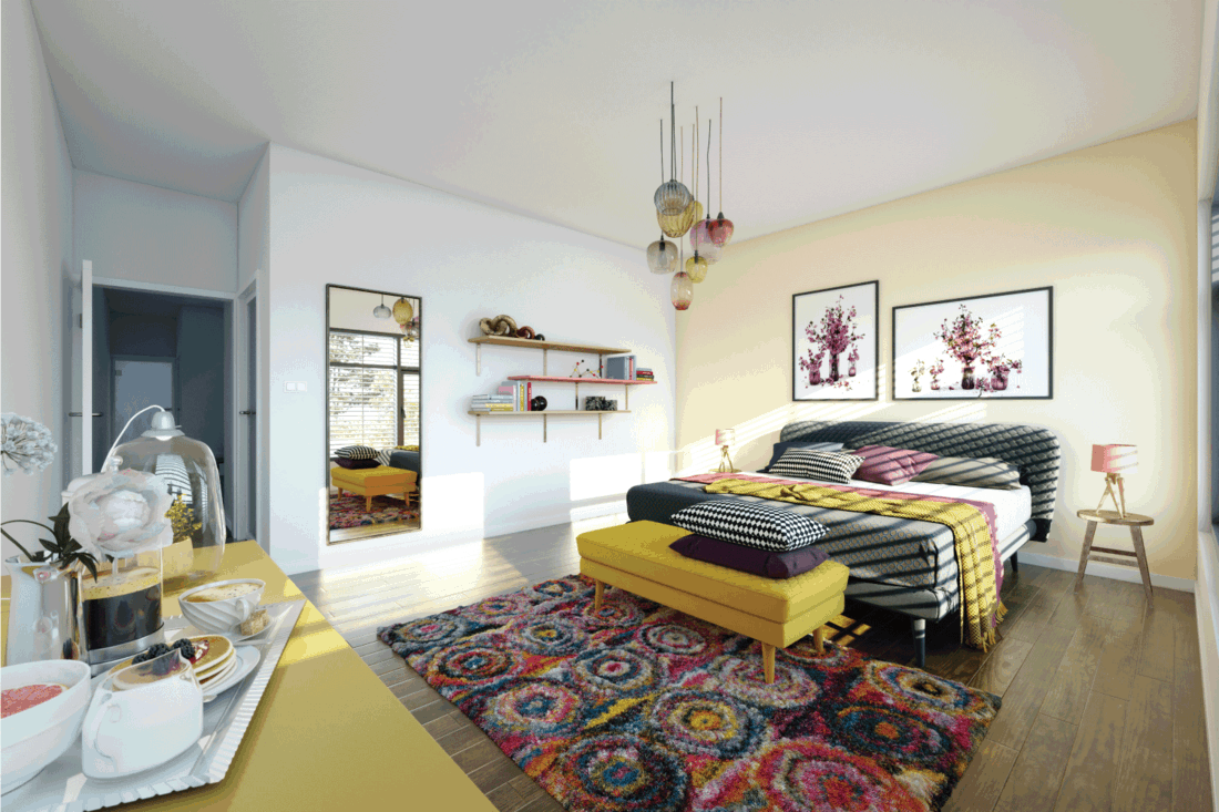 cozy modern bedroom interior design with bedroom rug as decoration