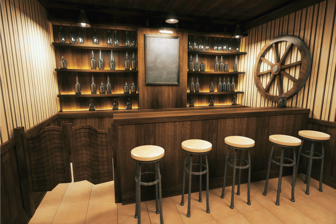themed bar wooden pub interior with empty blackboard