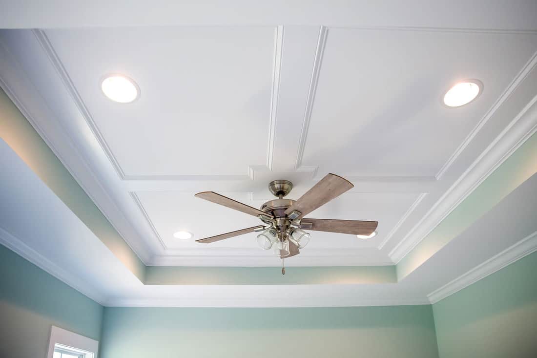 A ceiling fan inside a light blue colored living room with white painted ceiling