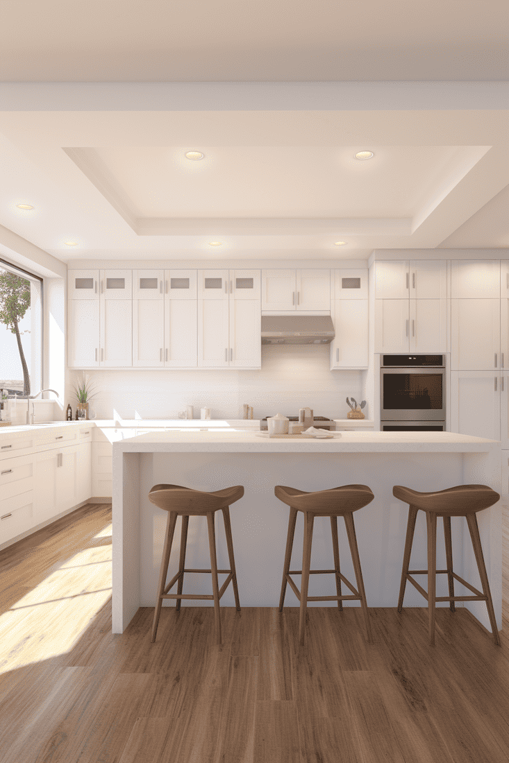 A hyperrealistic kitchen with multiple recessed lights creating a bright and airy ambiance. Perfect for wine with friends or daily chores.