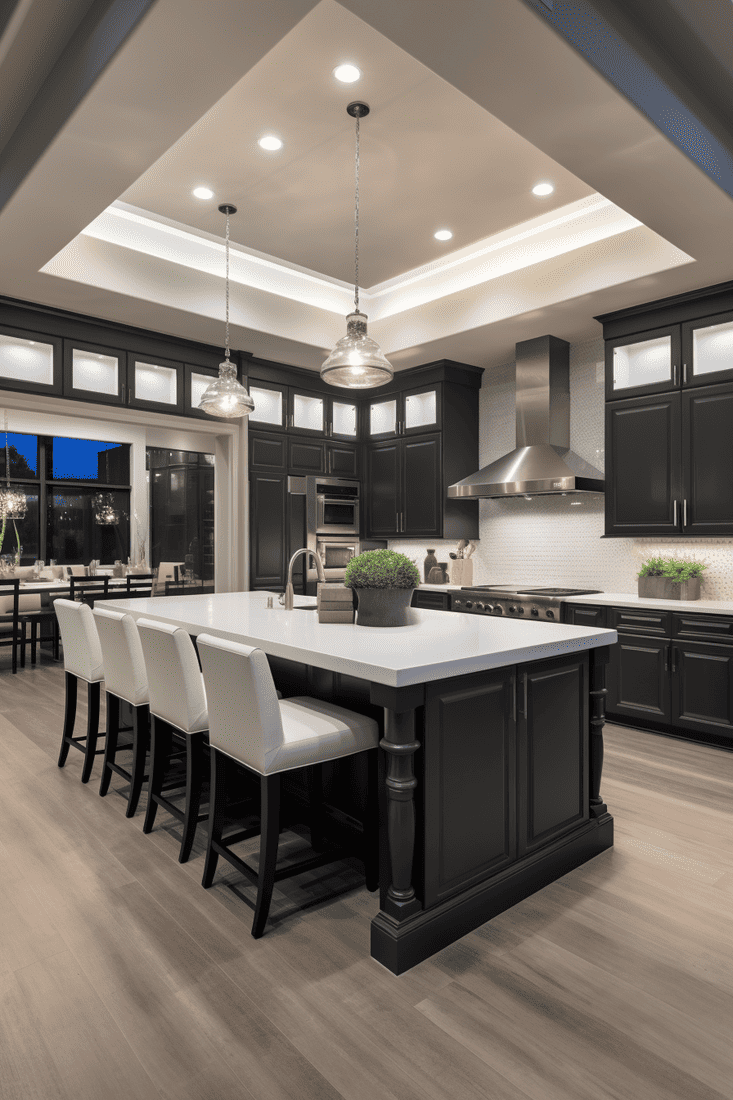 A hyperrealistic kitchen with recessed lighting that enhances the feeling of an open space. Ideal for smaller homes to maximize space with elegant lighting.