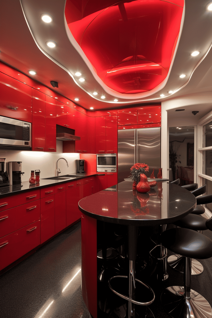 A hyperrealistic kitchen with red recessed lighting. Showcase the impressive use of red in this extraordinary kitchen