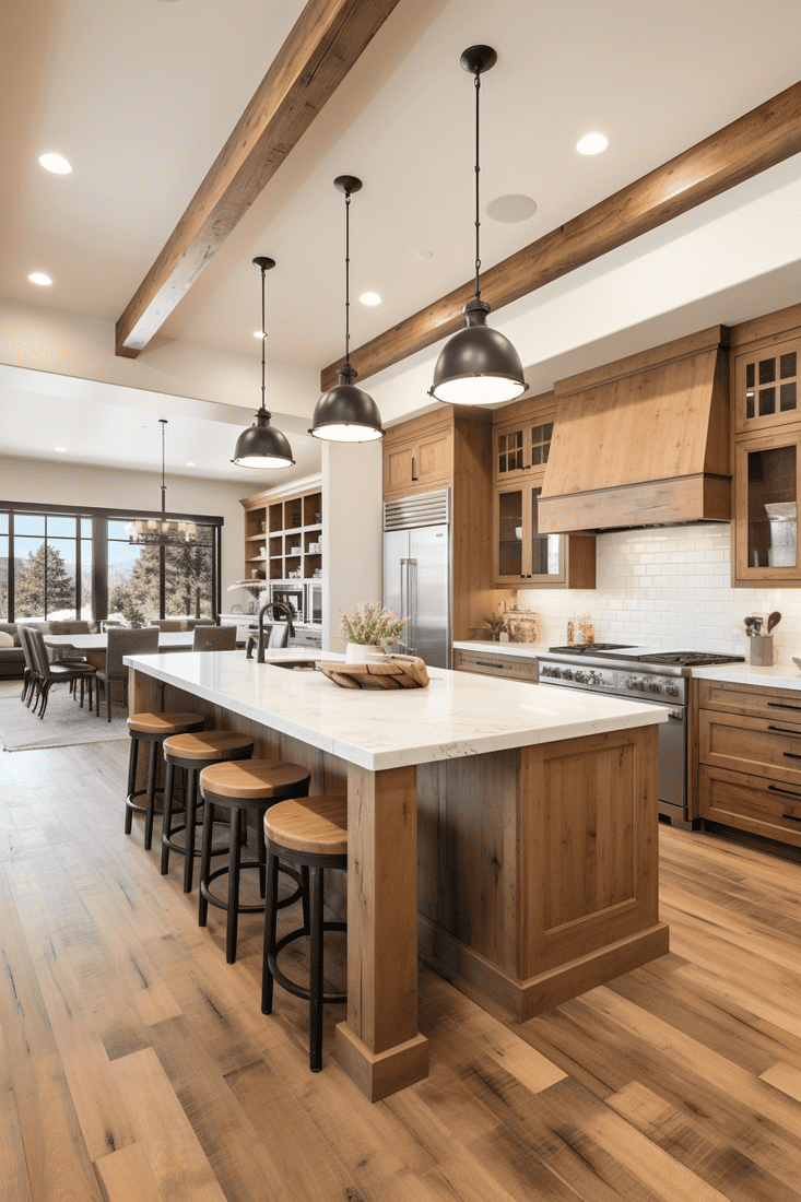 A hyperrealistic kitchen with unique recessed lighting in a beautiful piece of wood, creating a warm farmhouse ambiance.