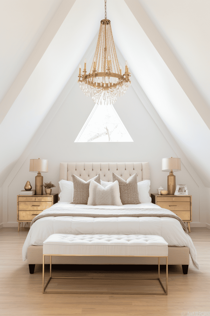 A photorealistic bedroom with subtle gold accents in a sloped ceiling setting.