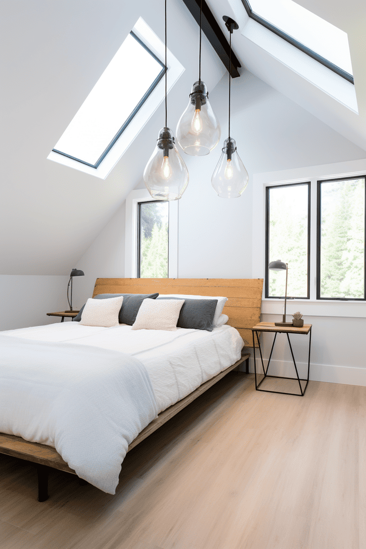 A photorealistic bright sloped ceiling bedroom with a minimalistic design.