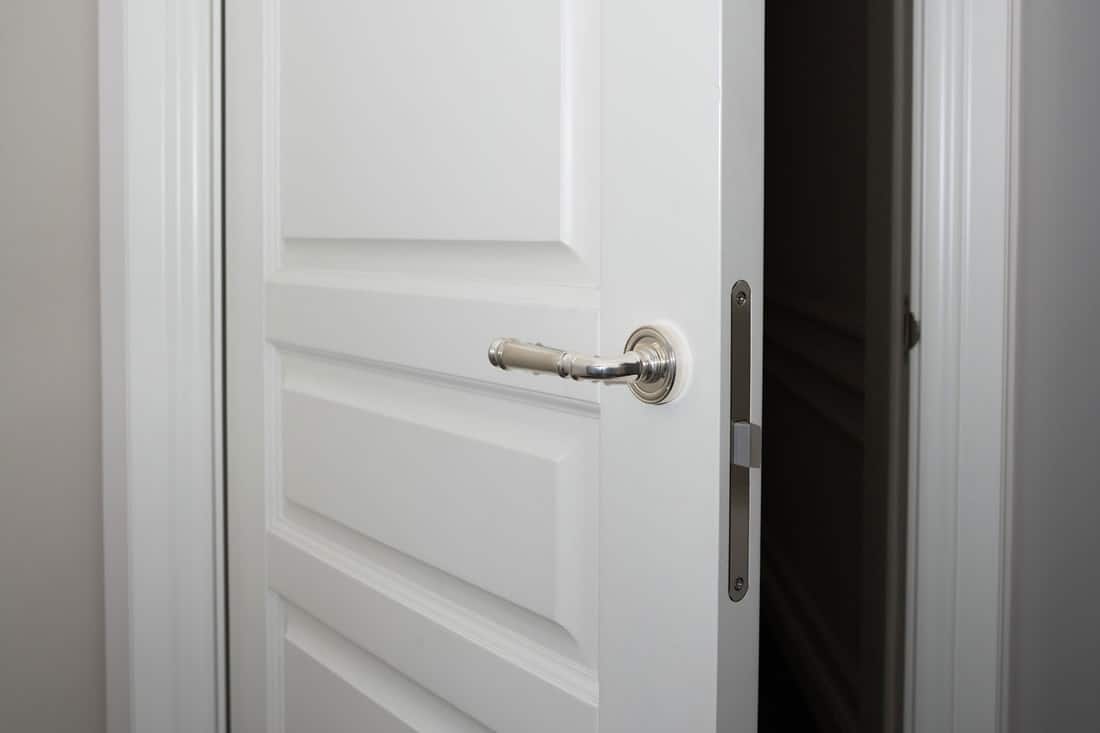 A white opened door with a stainless steel door knob, What Color Doorknobs With White Doors?