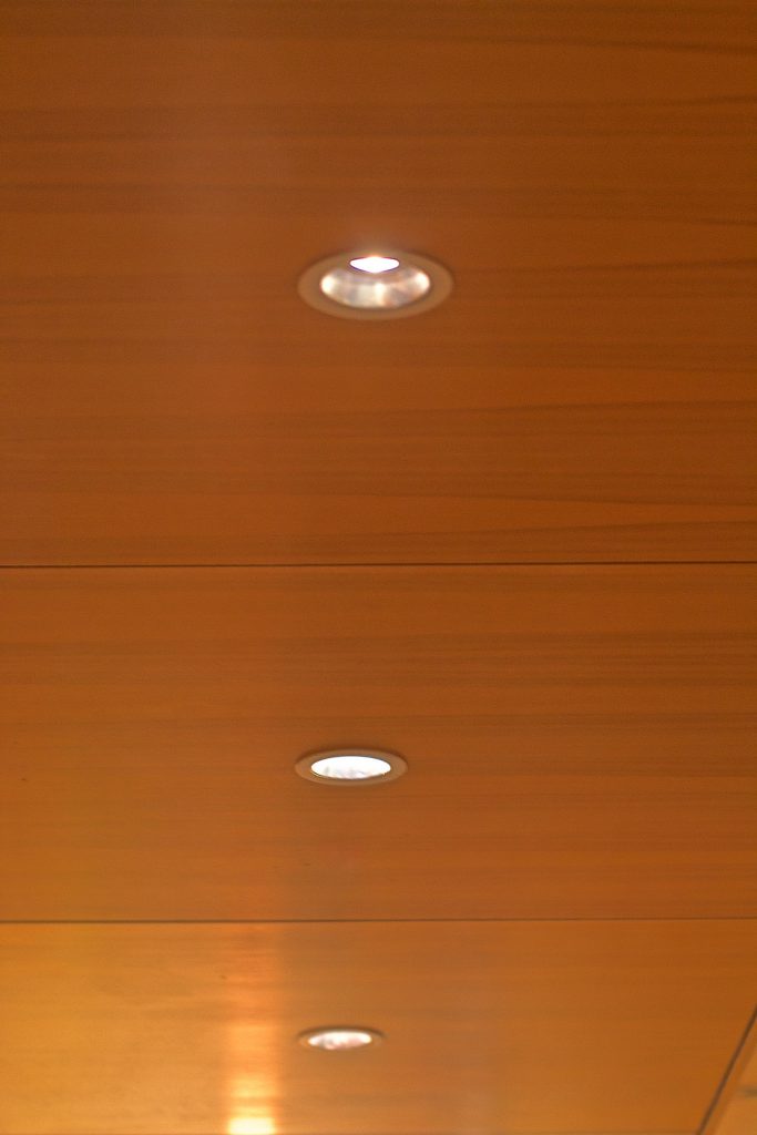 A wooden texture ceiling with modern pin lighting