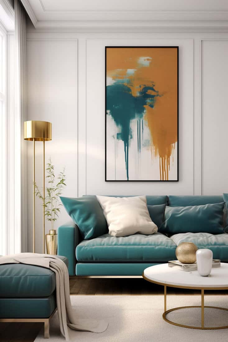 living room with teal sofa, gold decor accents, and earth tones in artwork