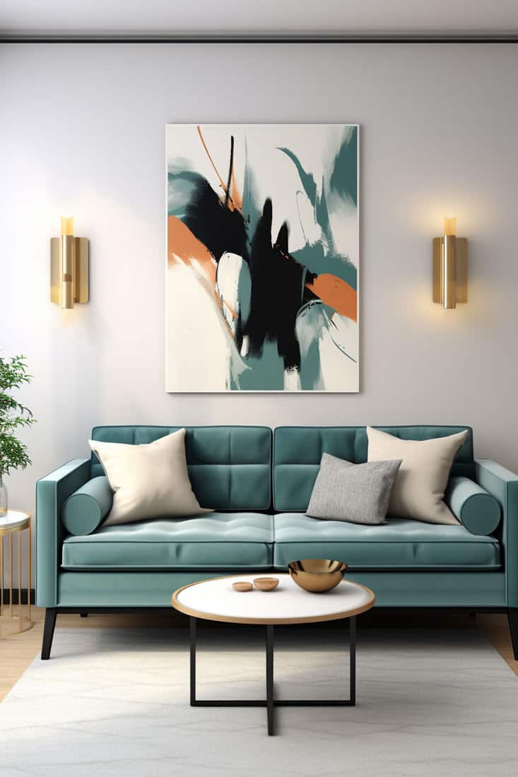 living room with teal sofa and background colors of white, tan, black, and grey