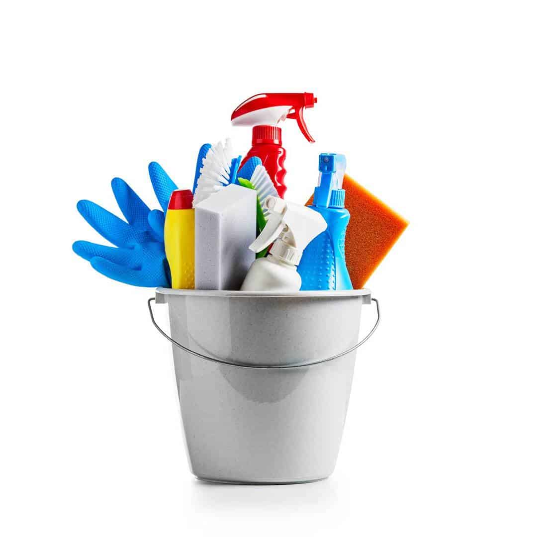 Bucket with cleaning supplies isolated on white background