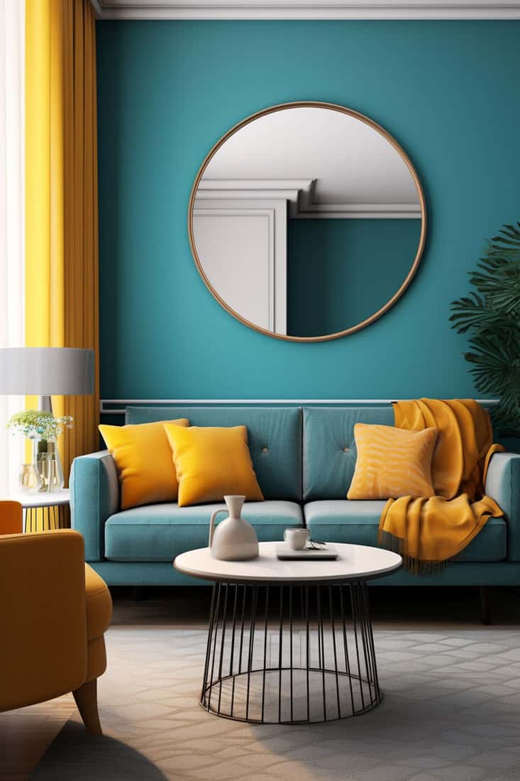 living room with a teal and yellow theme. Greys and tans in the decor, complemented by a classic round mirror