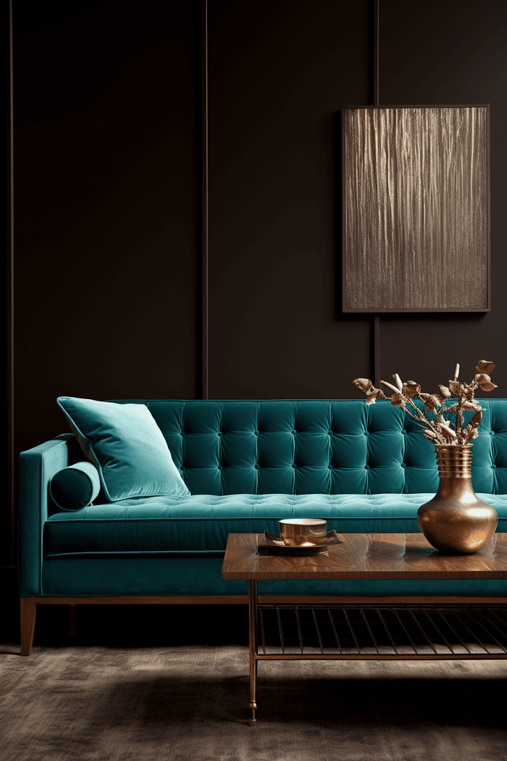 living room with dark brown walls and floors. Include a rich velvet teal sofa, ornate coffee table, and silver decor accents