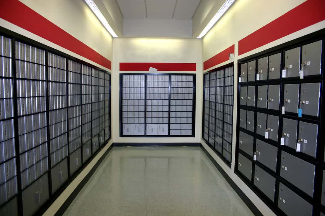 Empty room with mail boxes, post office