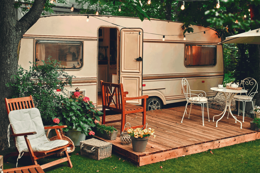 Exterior of motor home. Camping trailer. Traveling concept.