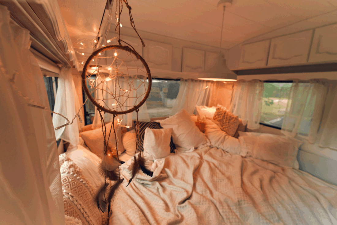 Interior of motor home. Camping trailer. Traveling concept. Hang A DreamCatcher