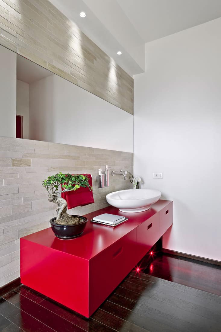 Interior shot of a modern bathroom in foreground the red washbasin cabinet the floor is made of wood