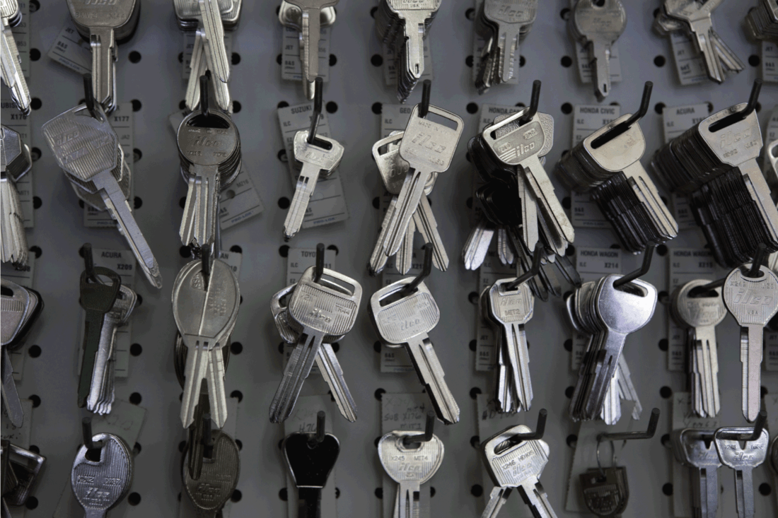 Keys hanging on hooks in store
