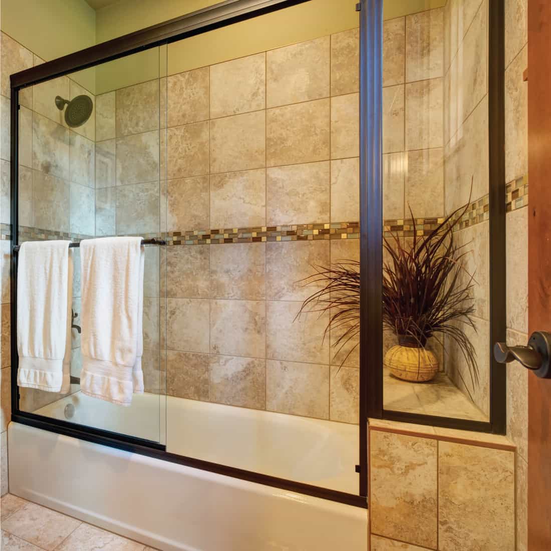 Master bathroom interior with close up of glass shower