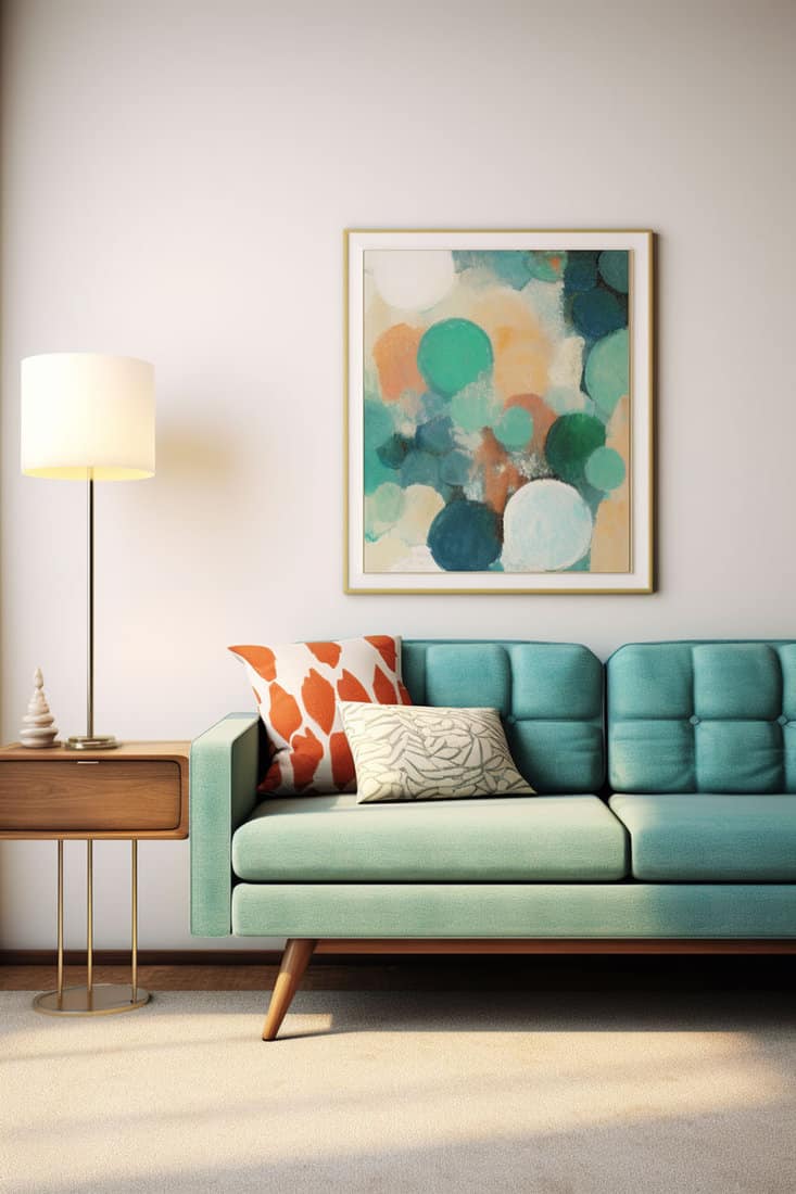 mid-century styled living room with teal sofa and pillow. Artwork with vibrant colors, simple end table, and a cream-colored floor lamp