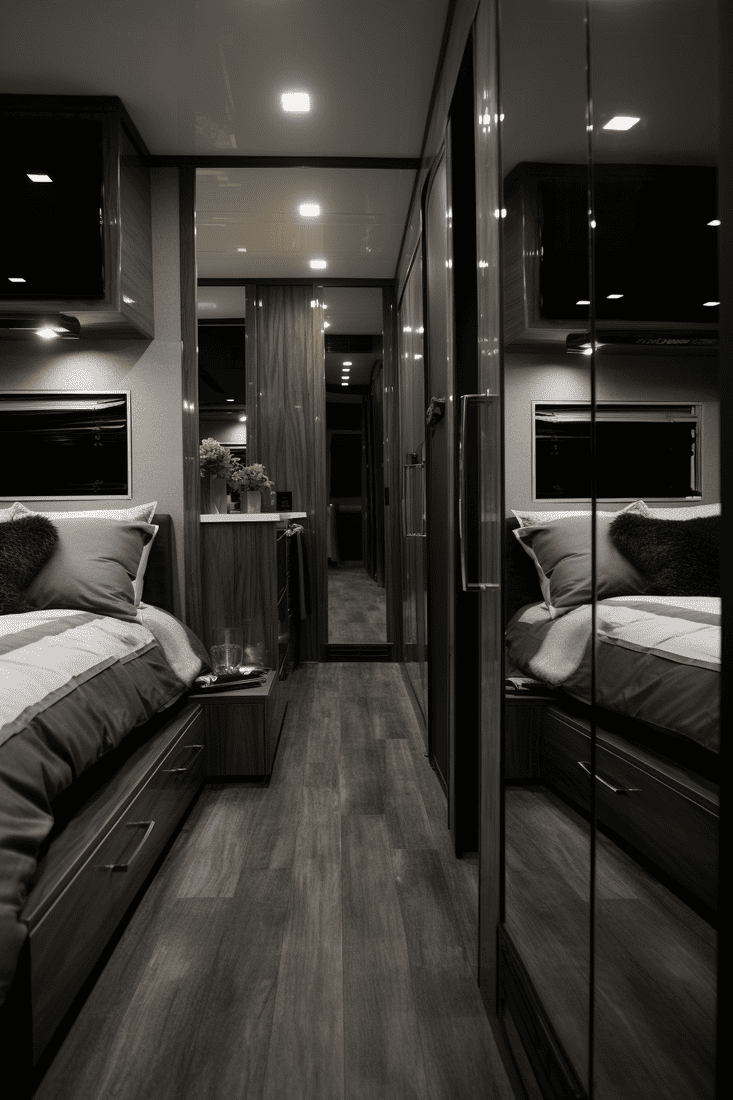 small motorhome bedroom showcasing two full-length mirrors on closet doors, a large bed, and a dark color palette