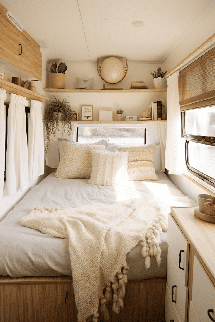 Cozy camper bedroom displaying a mixture of textures including feathers, leather, woven blanket, basket, rug, shiny gold metallics in candlesticks, and cupboard door hardware, complemented by a mirror