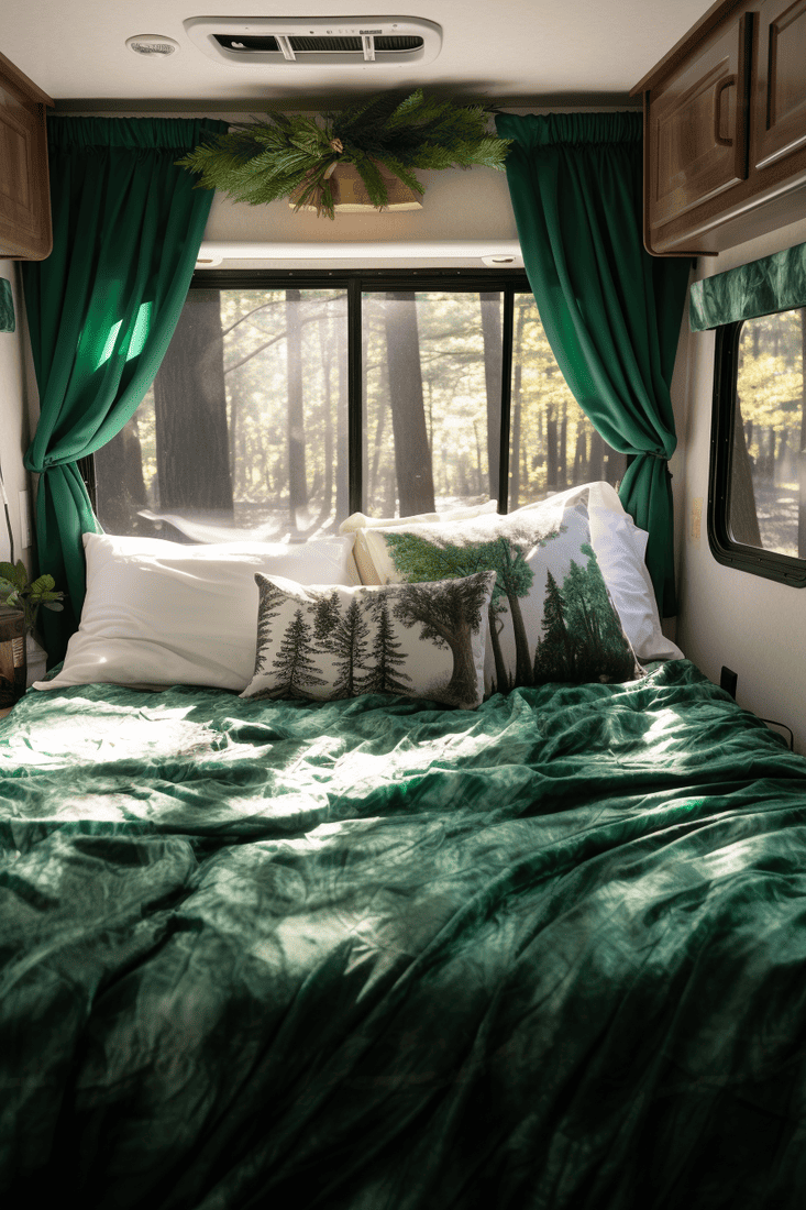RV bedroom with nature-themed decor including garland over the bed, a wolf pillow, and an emerald green bedspread, complemented by wood trim
